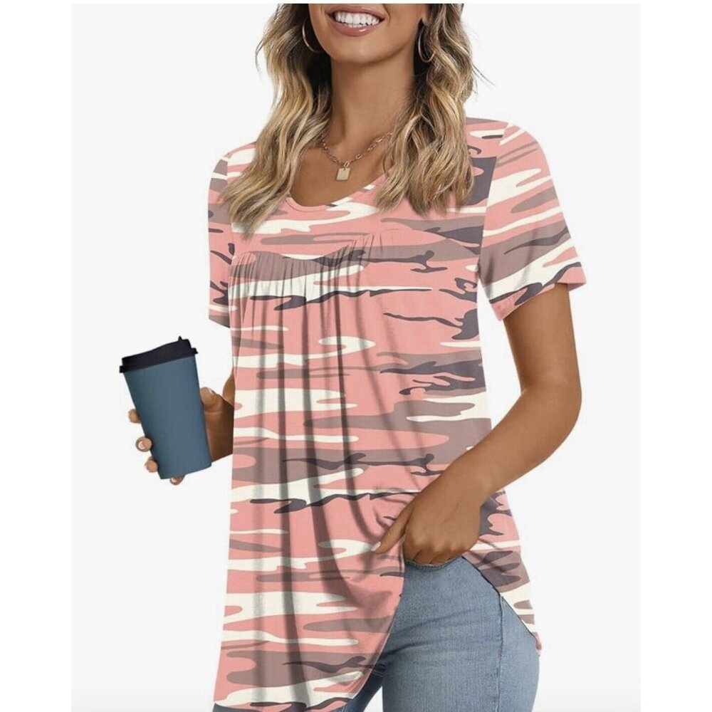 Short Sleeve Camo Pink Tunic Top Casual Lightweight Flowy Blouse